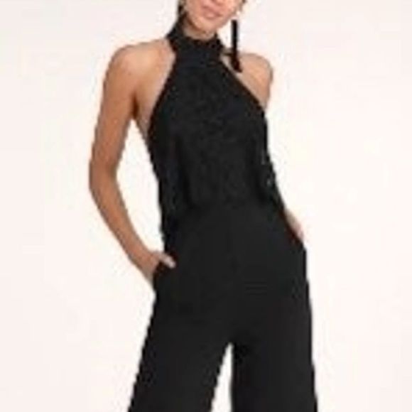 Lulus Pants - LULUS BLACK LACE HALTER JUMPSUIT